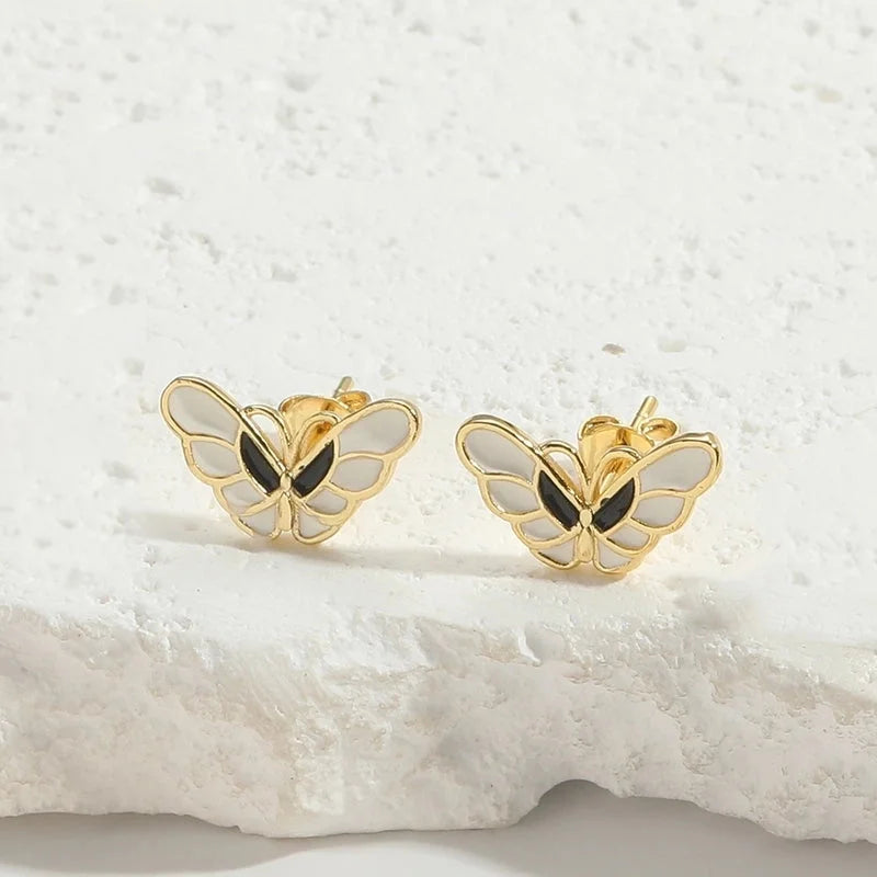 1 Pair Elegant Minimalist Commute Dragonfly Butterfly Enamel Inlay Copper Zircon 14K Gold Plated Ear Studs