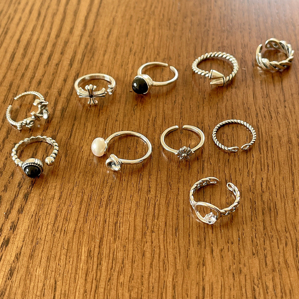 Copper Silver Plated Inlay Round Natural Stone Gem Rings