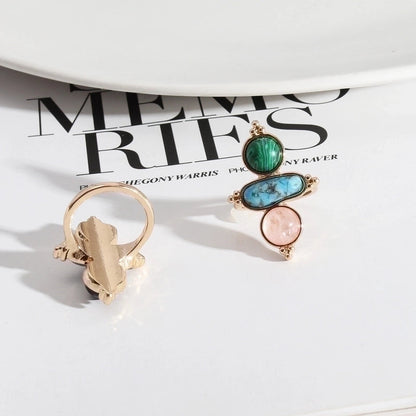 Copper Silver Plated Inlay Round Natural Stone Gem Rings