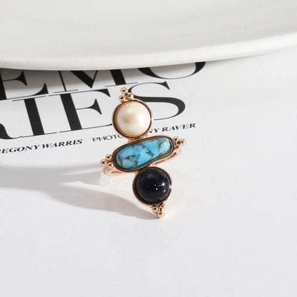 Copper Silver Plated Inlay Round Natural Stone Gem Rings