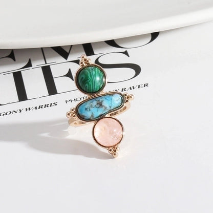 Copper Silver Plated Inlay Round Natural Stone Gem Rings