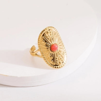 2 Pieces Vintage Style Minimalist Oval 304 Stainless Steel Natural Stone 14K Gold Plated Inlay Open Rings