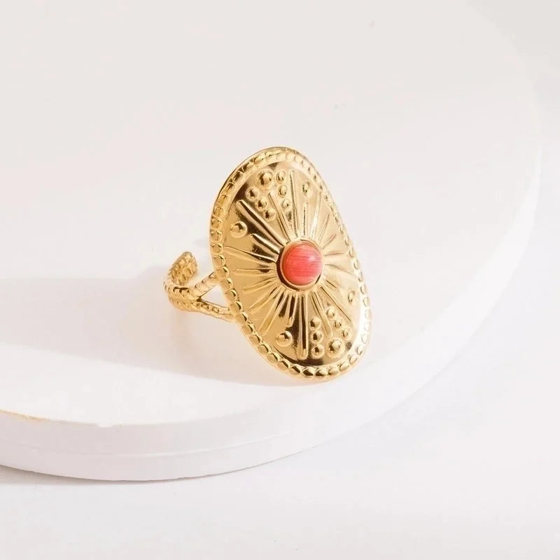 2 Pieces Vintage Style Minimalist Oval 304 Stainless Steel Natural Stone 14K Gold Plated Inlay Open Rings