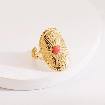 2 Pieces Vintage Style Minimalist Oval 304 Stainless Steel Natural Stone 14K Gold Plated Inlay Open Rings