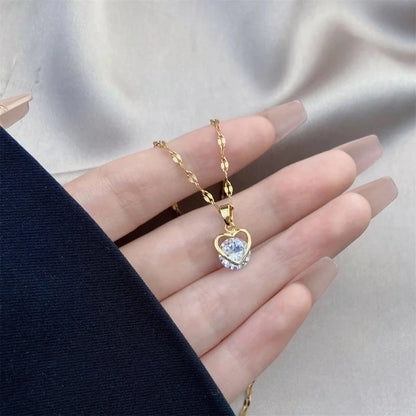 Minimalist Bow Knot Titanium Steel Copper Inlay Rhinestones Pendant Necklace