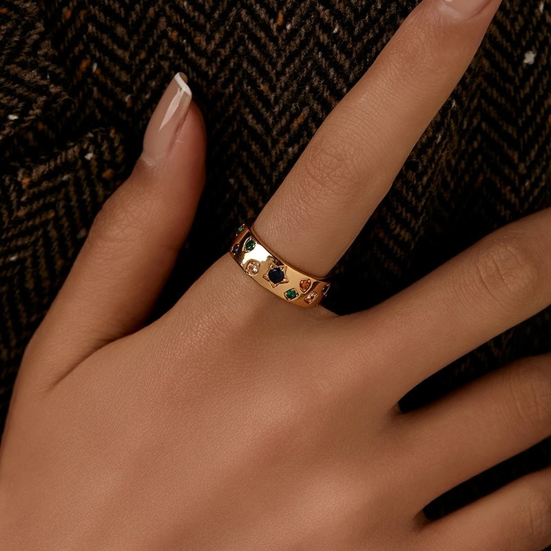 Copper 18K Gold Plated Inlay Semicircle Round Petal Zircon Open Rings