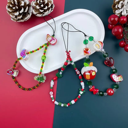 Elegant Minimalist Christmas Tree Santa Claus Snowman Resin Glass Beaded Christmas Mobile Phone Chain