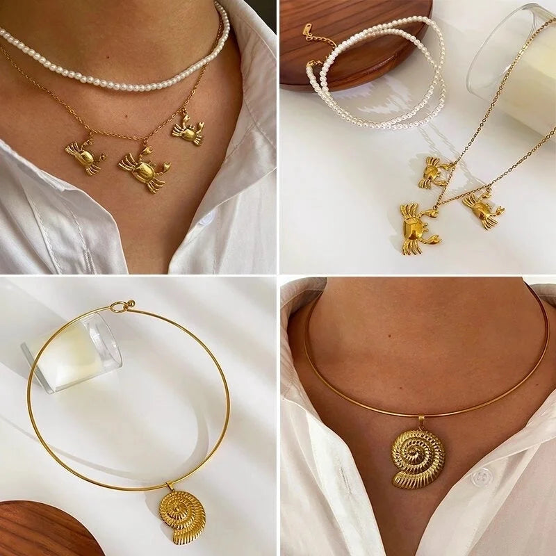 Elegant Retro IG Style Conch Crab 316L Stainless Steel Imitation Pearl 18K Gold Plated Three-dimensional Necklace