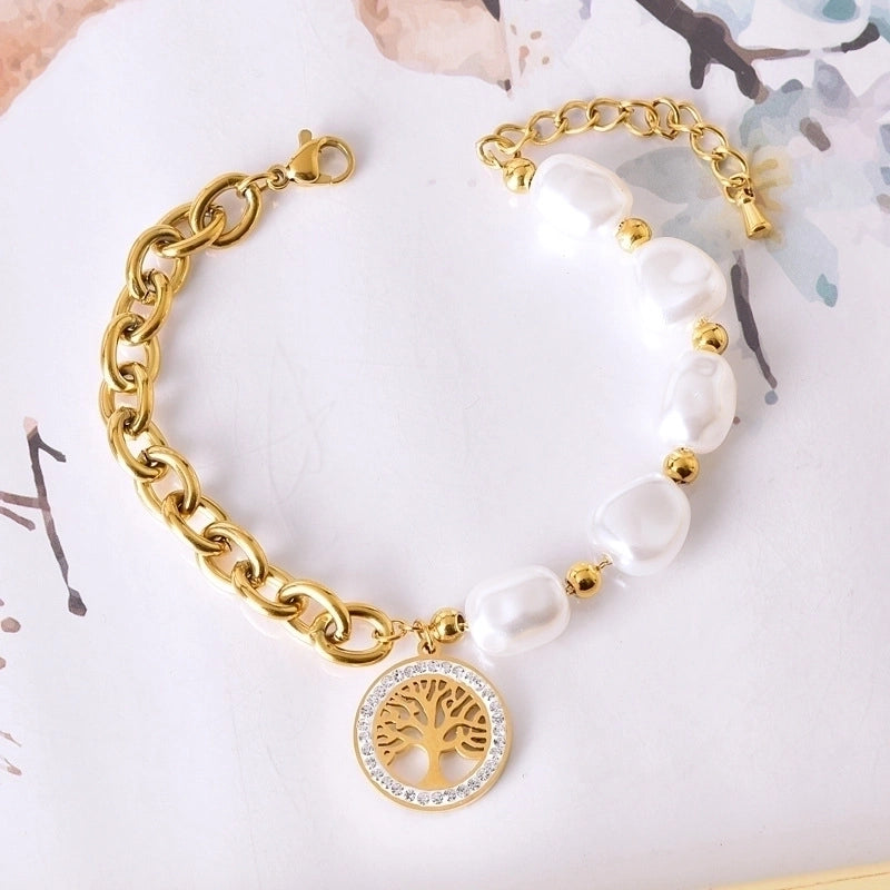 Sweet Geometric Devil's Eye Heart Shape 304 Stainless Steel 18K Gold Plated Artificial Pearls Rhinestones Shell Bracelets In Bulk