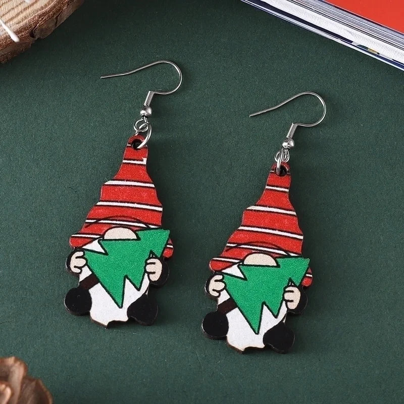 1 Pair Vintage Christmas Cute Dwarf Pendant Earrings Women's Wooden Double-sided Christmas Earrings