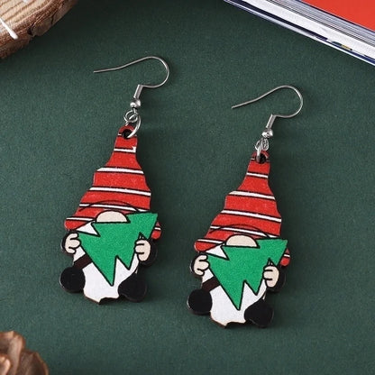 1 Pair Vintage Christmas Cute Dwarf Pendant Earrings Women's Wooden Double-sided Christmas Earrings
