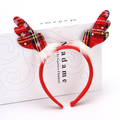 6 Pieces Rl481 Christmas Antler Headband Printed Plaid Fabric Three Styles Antler Headband Christmas Decoration