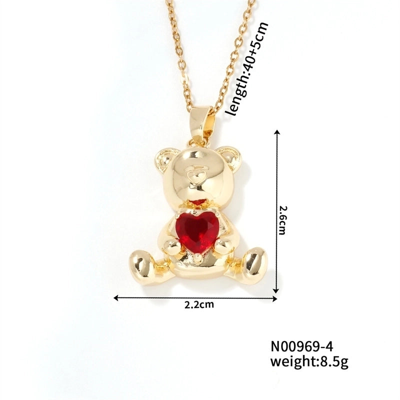 304 Stainless Steel Copper K Gold Plated Cute Sweet Korean Style Three-dimensional Inlay Little Bear Zircon Pendant Necklace