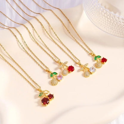 IG Style Glam Cherry 304 Stainless Steel Copper Zircon Inlay Pendant Necklace Cable Chain