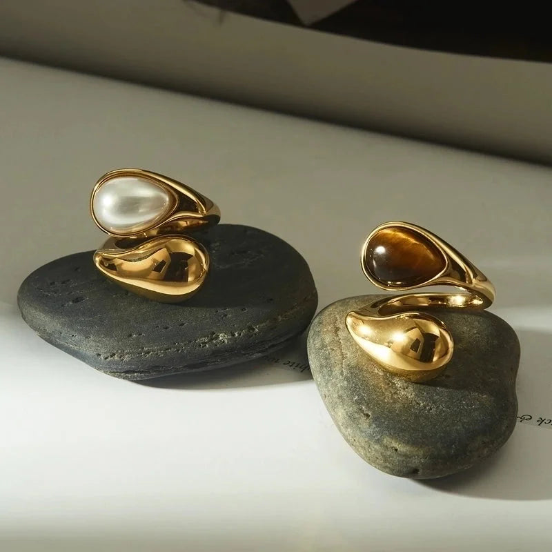 Modern Style Artistic Geometric 316 Stainless Steel Pearl Tiger Eye 16K Gold Plated White Gold Plated Gold Plated Open Rings
