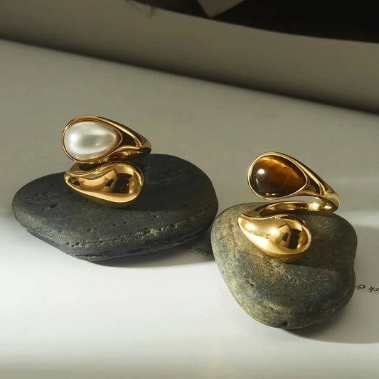 Modern Style Artistic Geometric 316 Stainless Steel Pearl Tiger Eye 16K Gold Plated White Gold Plated Gold Plated Open Rings