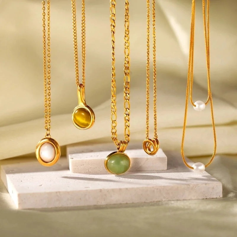 Retro Geometric Round Titanium Steel Agate Tiger Eye Plating Pendant Necklace