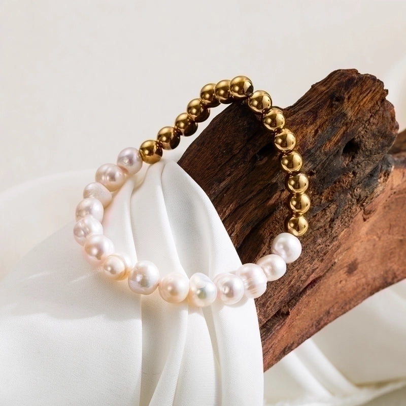 Minimalist Classic Style Round Stainless Steel Freshwater Pearl Irregular Beaded 18k Gold Plated Bracelets