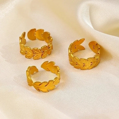 304 Stainless Steel 18K Gold Plated Minimalist Plating Leaf Open Ring