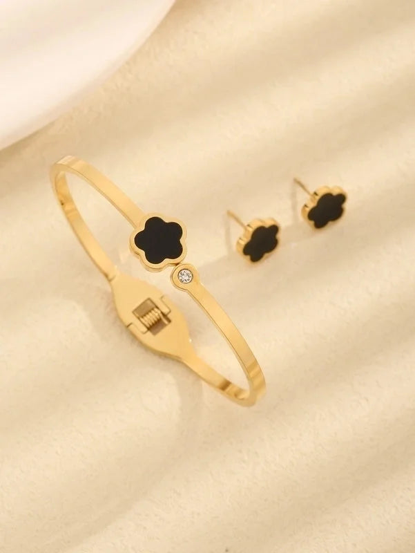 Vintage Style Minimalist Flower 304 Stainless Steel Acrylic Zircon 18K Gold Plated Inlay Jewelry Set