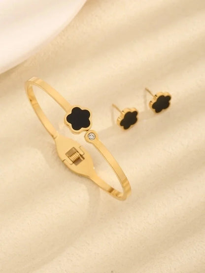 Vintage Style Minimalist Flower 304 Stainless Steel Acrylic Zircon 18K Gold Plated Inlay Jewelry Set