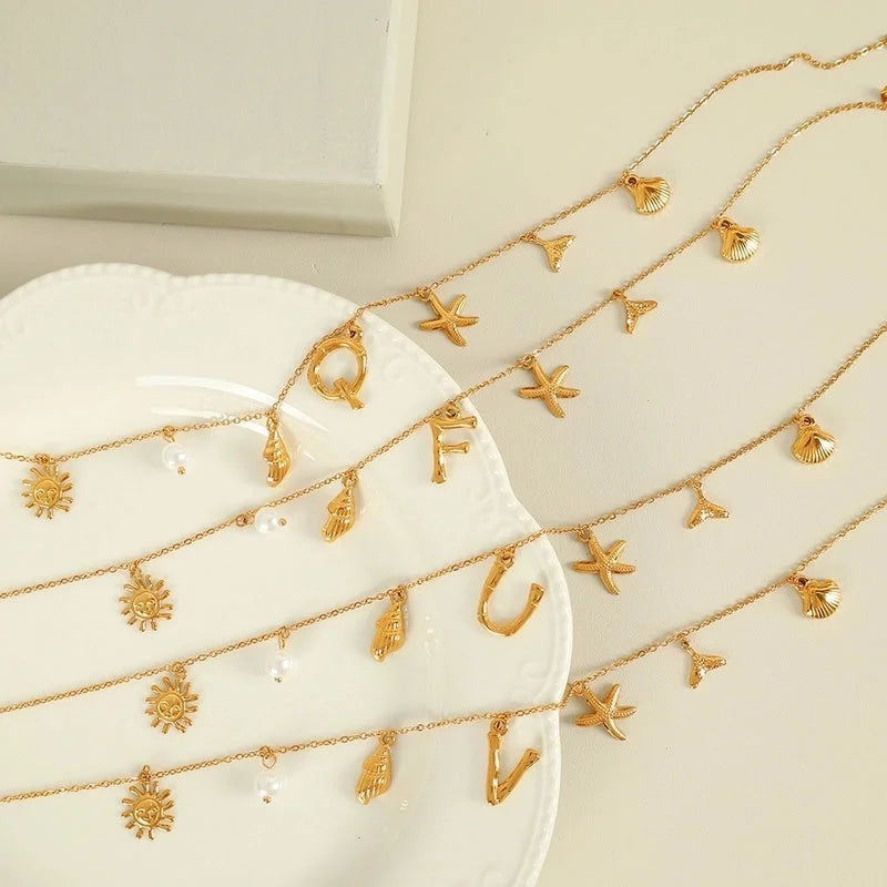 Beach Starfish 304 Stainless Steel Artificial Pearls 18K Gold Plated Polishing Inlay Pendant Necklace
