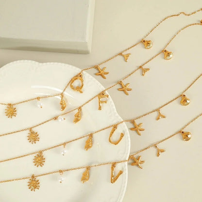 Beach Starfish 304 Stainless Steel Artificial Pearls 18K Gold Plated Polishing Inlay Pendant Necklace