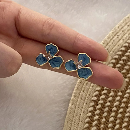 Vintage Retro Petal Flower Stainless Steel Oil Dripping Stud Earrings
