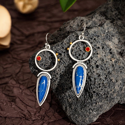 Hot Artistic Retro Geometric Lapis Lazor Ear Drop Bohemian Natural Stone Antique Women\'s Earrings