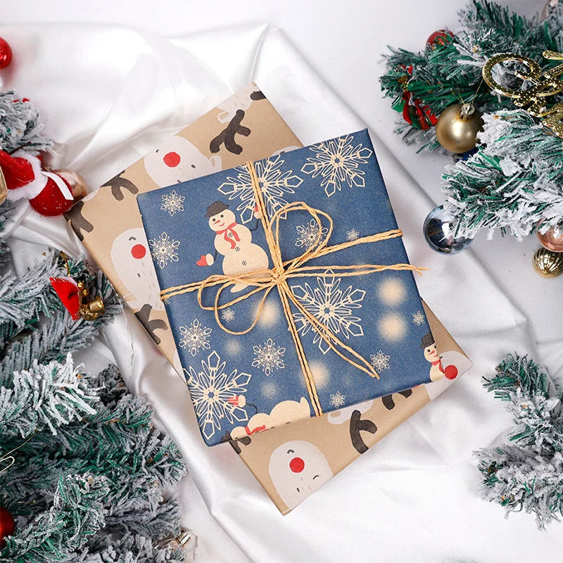 Large Size Gift Wrapping Paper Roll Brown Christmas Reindeer Head Elk Green Plaid Gift Box Recyclable Gift Paper