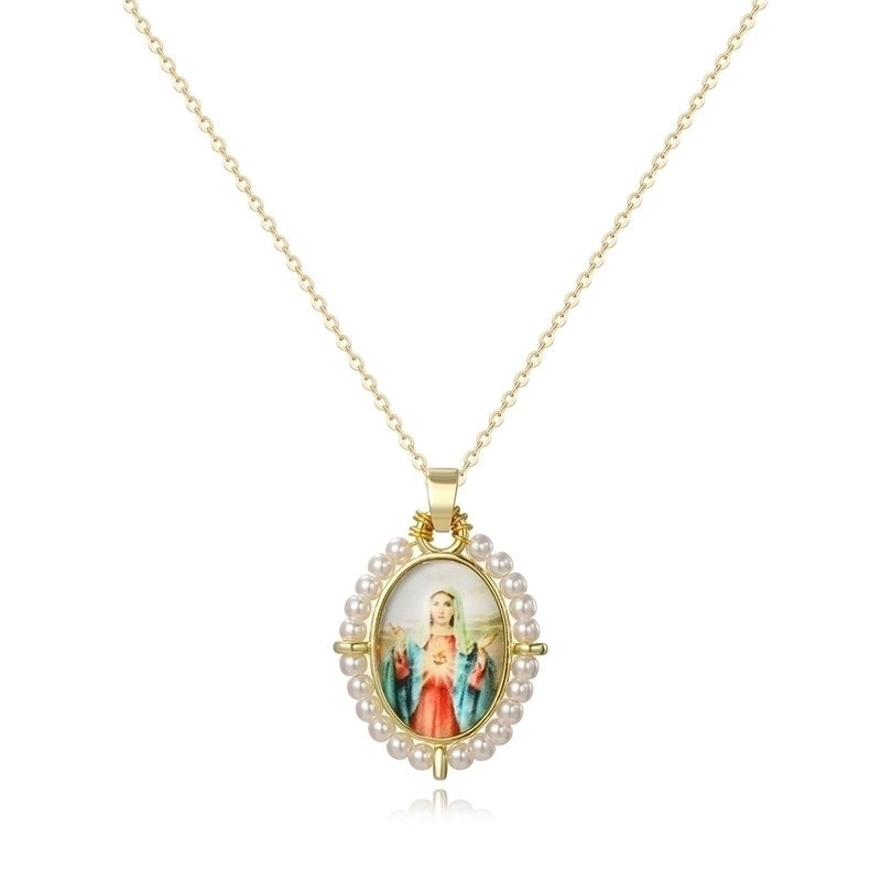 Copper 18K Gold Plated Inlay Human Virgin Mary Acrylic Imitation Pearl Pendant Necklace