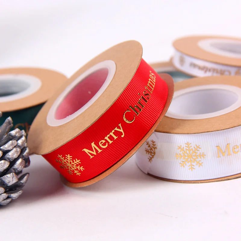 2.5cm Gold Stamping Polyester Ribbon With Flowers Bouquet Gift Wrapping Ribbon Christmas Ribbon With English Text Printed Ribbon