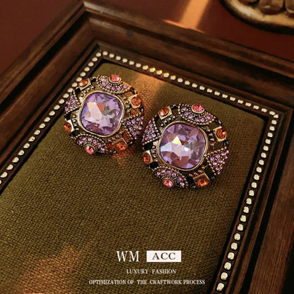 Medieval Quadrilateral Round Geometric Alloy Diamond Inlay Earrings