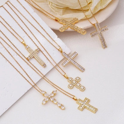 304 Stainless Steel Copper Inlay Cross Zircon Pendant Necklace