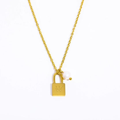 201 Stainless Steel 304 Stainless Steel Glass Gold Plated Casual Minimalist Pearl Plating Letter Lock Pendant Necklace