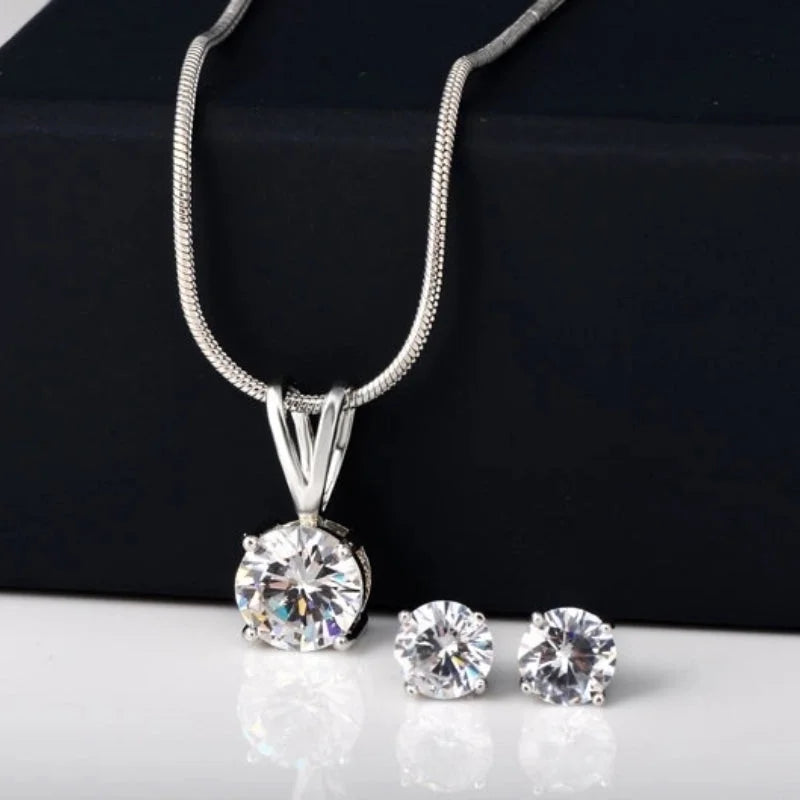 2 Pieces 304 Stainless Steel Copper Rhodium Plated Minimalist Classic Style Plating Inlay Round Zircon Earrings Necklace