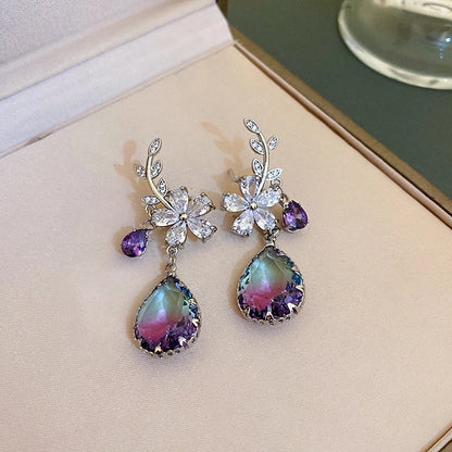 1 Pair Minimalist Flower Copper Enamel Rhinestones Drop Earrings Ear Studs