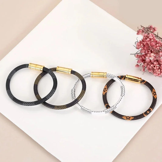 Minimalist Solid Color Stainless Steel Pu Leather Bracelets