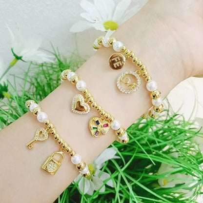 Casual Vacation Minimalist Heart Shape Key Lock Copper Zircon 18K Gold Plated Beaded Plating Inlay Bracelets
