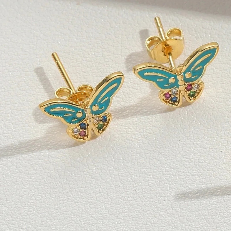 1 Pair Vintage Style Minimalist Commute Butterfly Enamel Inlay Copper Zircon 14K Gold Plated Ear Studs