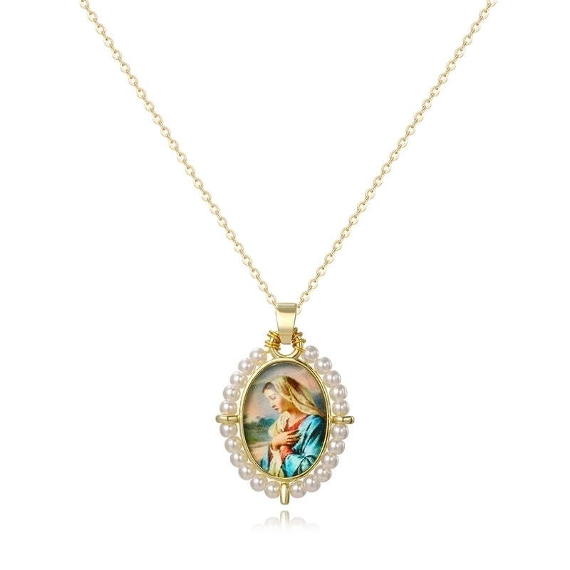 Copper 18K Gold Plated Inlay Human Virgin Mary Acrylic Imitation Pearl Pendant Necklace