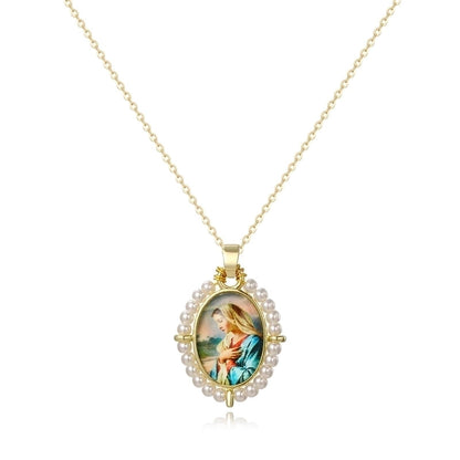 Copper 18K Gold Plated Inlay Human Virgin Mary Acrylic Imitation Pearl Pendant Necklace