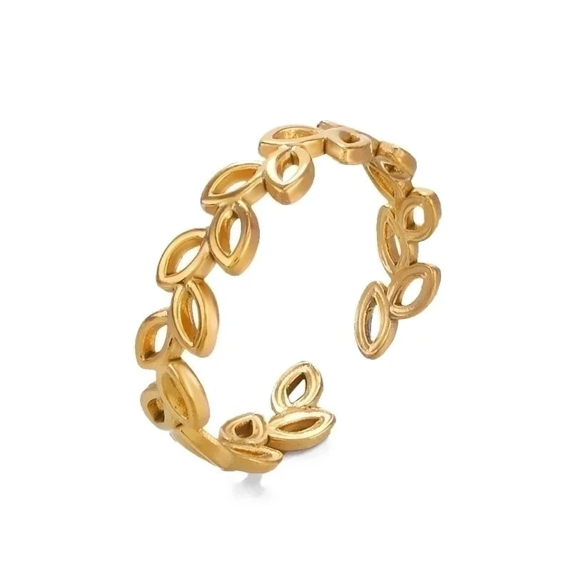 304 Stainless Steel 18K Gold Plated Minimalist Plating Leaves Open Rings