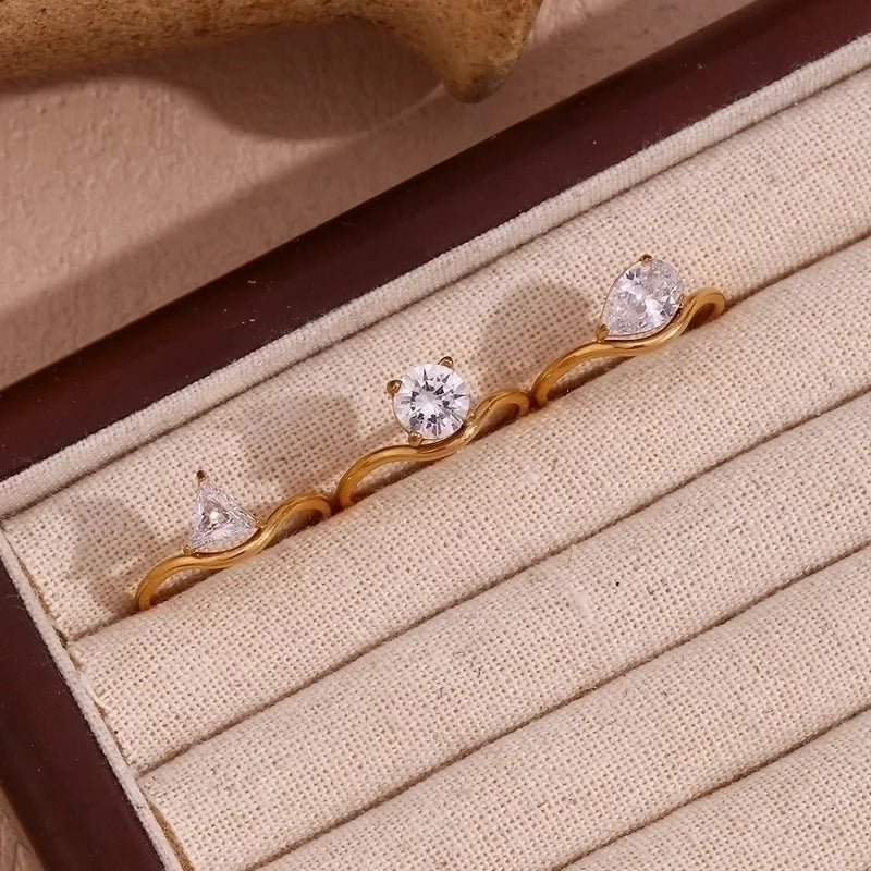 Minimalist Classic Style Triangle Round Water Droplets 304 Stainless Steel Zircon 18K Gold Plated Plating Inlay Rings
