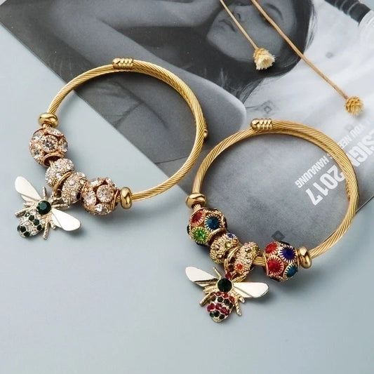 Fashion Circle 304 Stainless Steel Alloy Gold Plated Rhinestones Bracelets In Bulk
