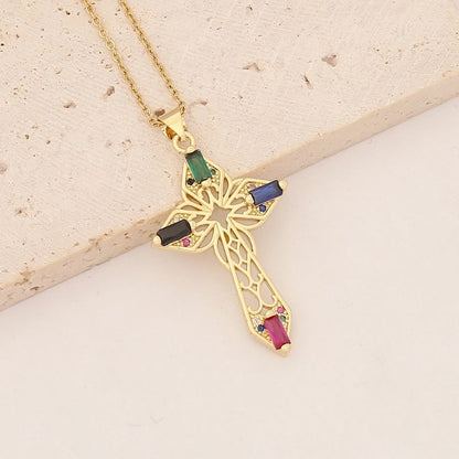 Commute Cross Copper Inlay 18K Gold Plated Zircon Pendant Necklace