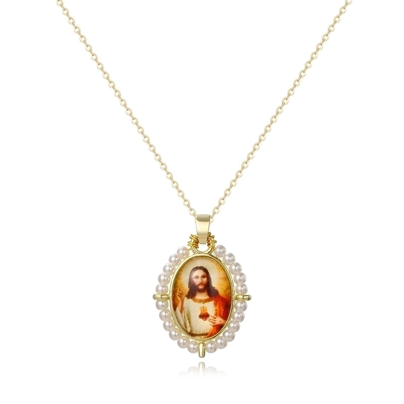 Copper 18K Gold Plated Inlay Human Virgin Mary Acrylic Imitation Pearl Pendant Necklace