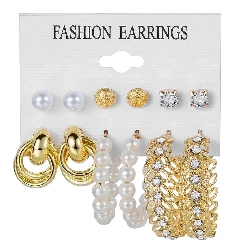 Retro Round Alloy Plating Artificial Pearls Women\'s Earrings Ear Studs 6-piece Set
