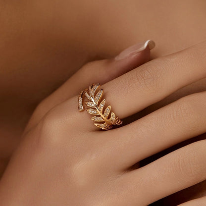 Copper 18K Gold Plated Inlay Semicircle Round Petal Zircon Open Rings