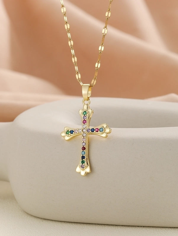 Copper Inlay Cross Rhinestones Pendant Necklace